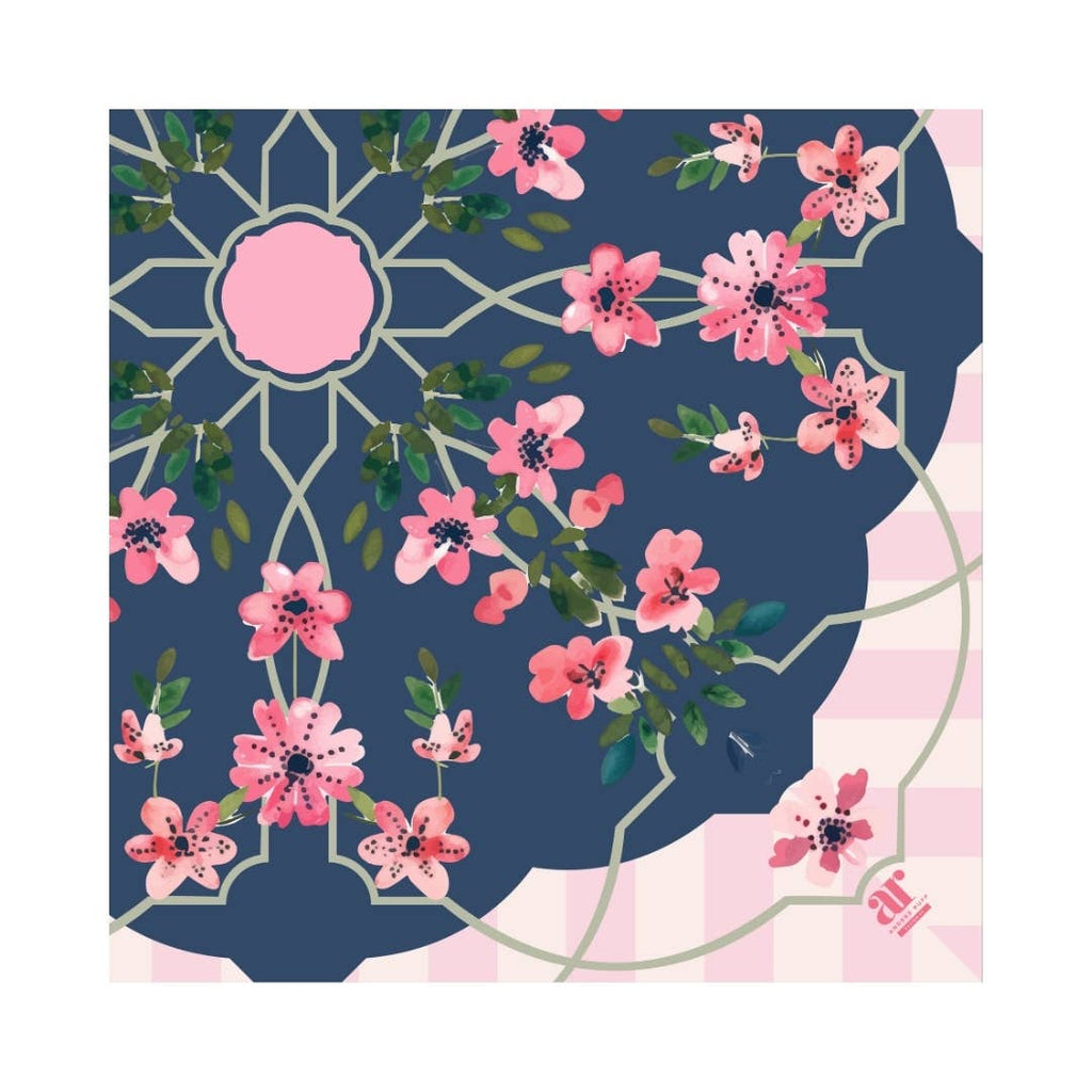 Floral Trellis Mahjong Mat featuring pink flowers on a dark blue background with a light pink border, perfect for stylish game nights.
