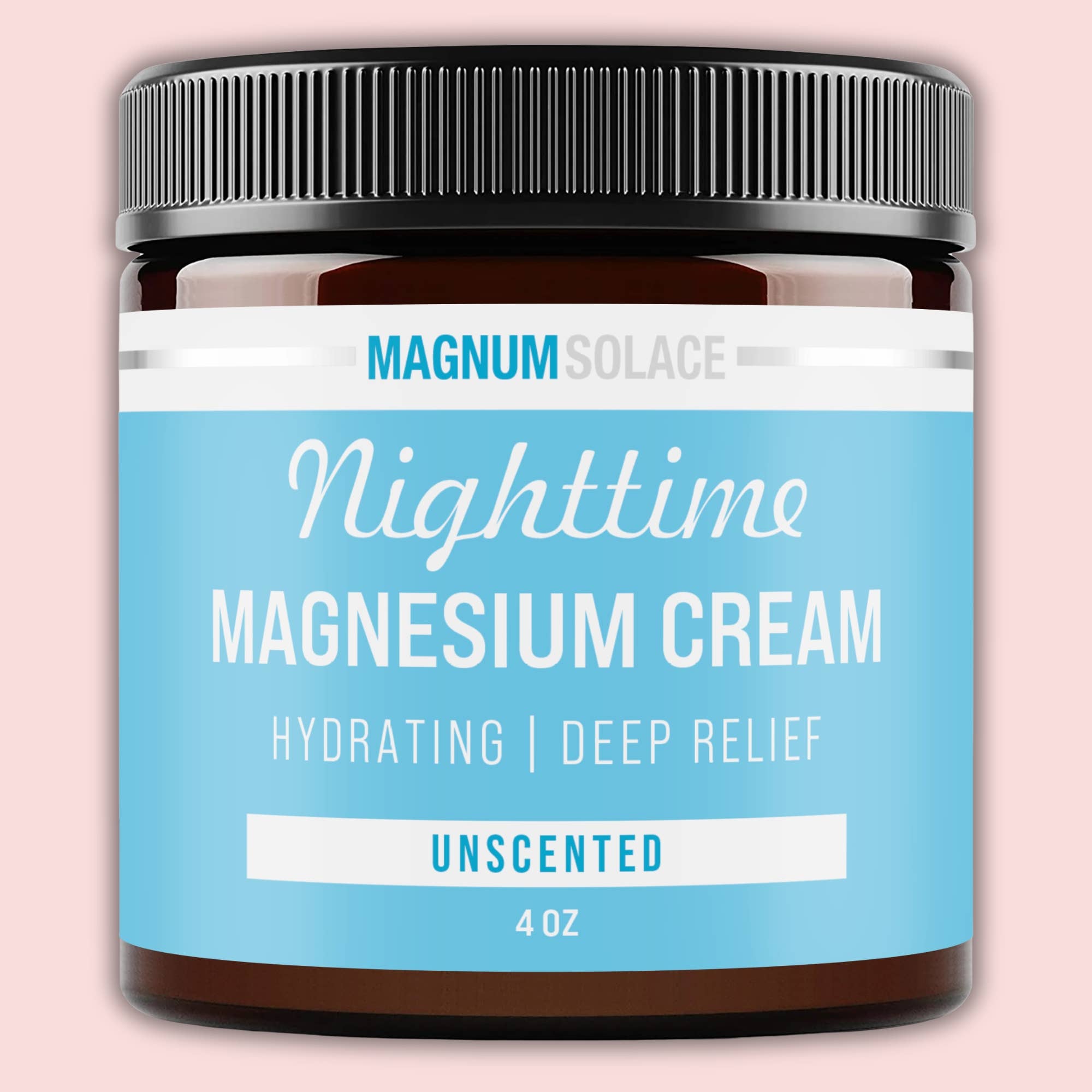 Unscented Nighttime Magnesium Cream in a blue and white jar, labeled for hydrating and deep relief.