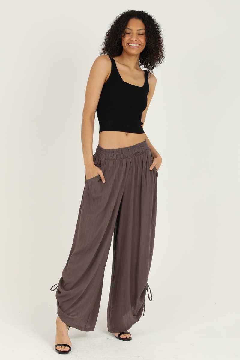 ANGIE - B3710-ASIS SIDE CINCH WIDE LEG PANTS WITH SMOCKED WAIST AND