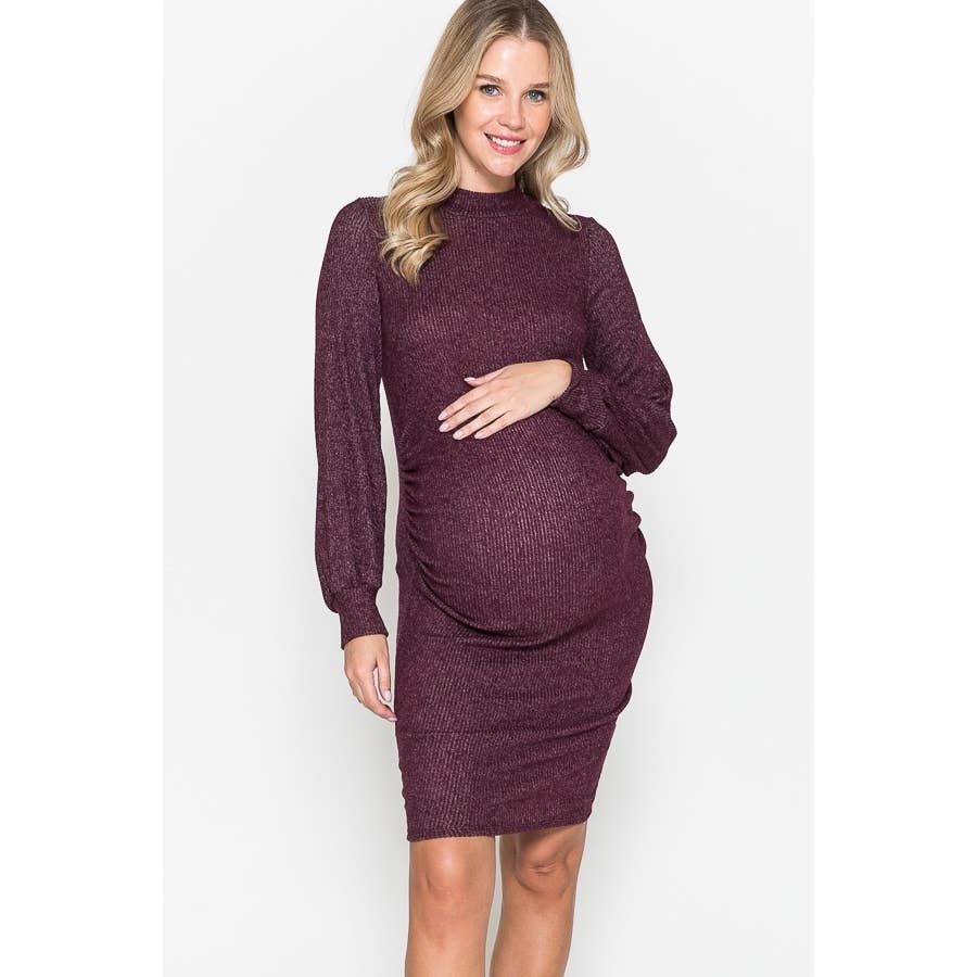 Story Teller - Maternity Mock Neck Puffed Long Sleeve Bodycon Dress