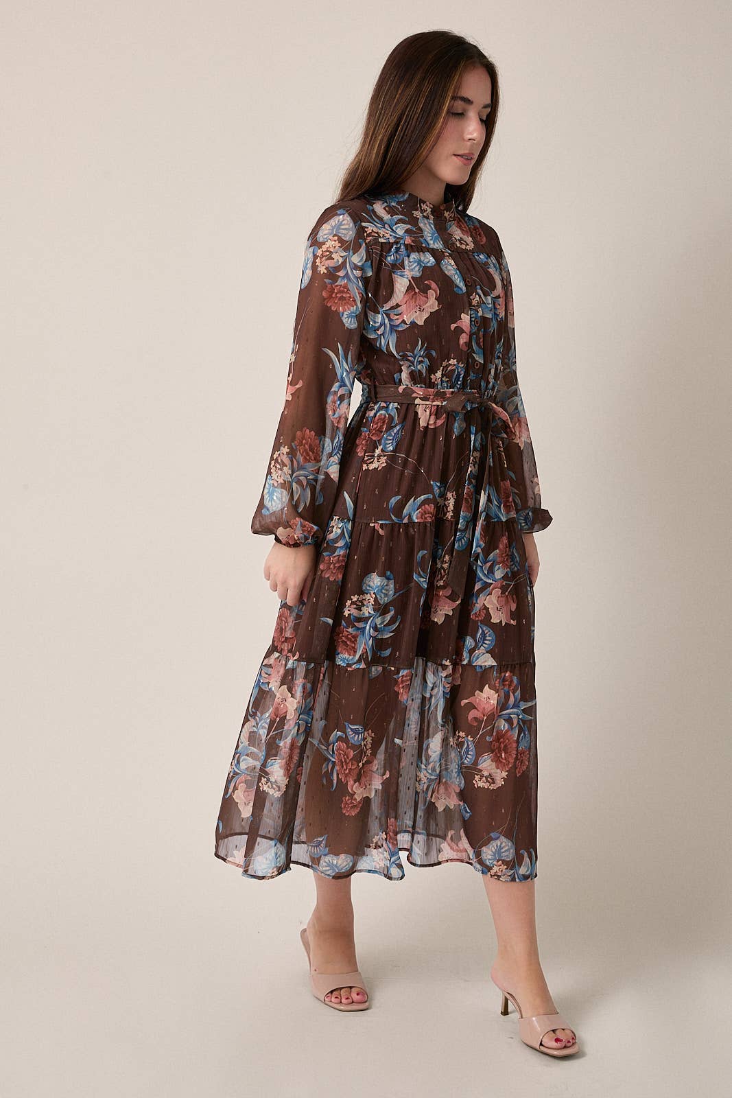 GILLI - ROUND NECK LONG SLEEVE BUTTON UP WAIST TIE FLORAL MIDI DRESS