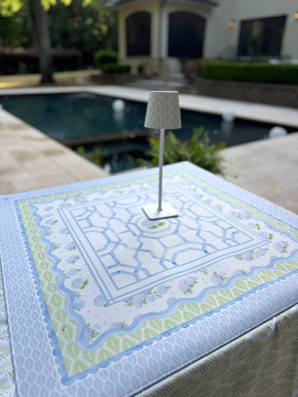 Soft blue floral Mahjong mat with elegant lattice details and scalloped edge, perfect for coastal-themed game nights.