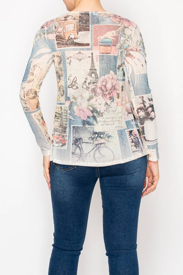 Origami Apparel ~  Lace and Crochet inspired - Sparkly Long Sleeve Sheer Mesh Top – 4847BG PARIS