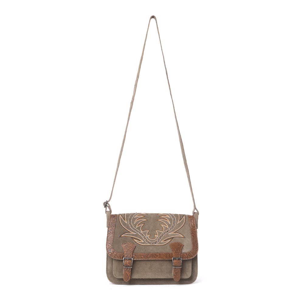 Olive taupe Amberwood suede bag featuring western embroidery, a flap closure, and a softly structured silhouette with buckles.