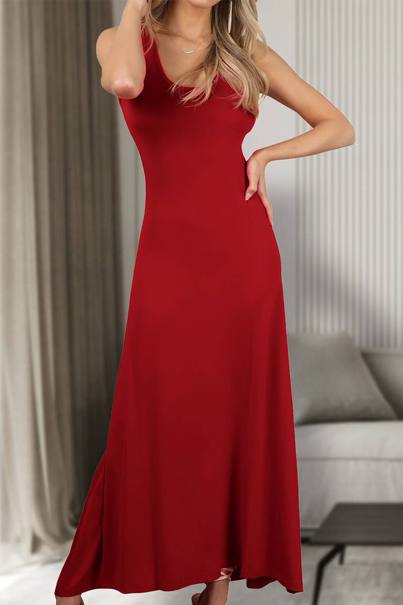 SLEEVELESS V-neck SOLID COLOR KNITTED LONG DRESS