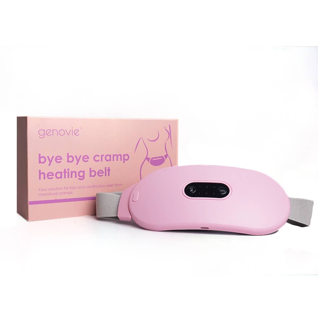 A pink Bye-Bye Cramps Heating Belt with a control panel and adjustable strap for targeted abdominal warmth.