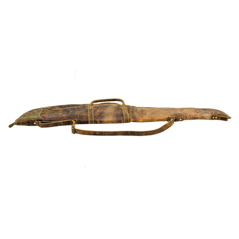Long, flat leather gun cover with a shoulder strap, carry handles, and a zippered pocket for valuables.