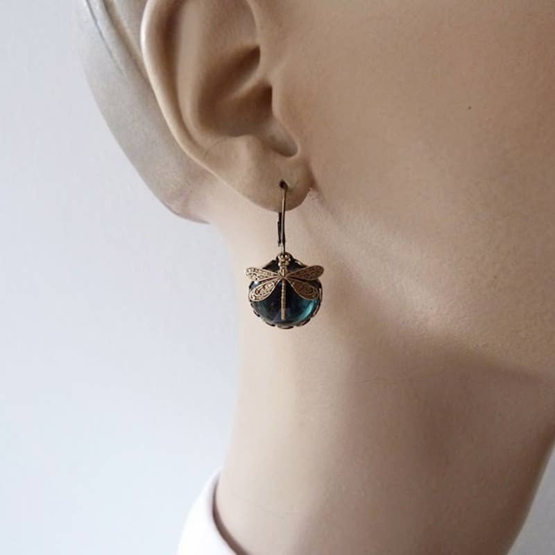 Vintage Dragonfly Green Crystal Drop Earrings