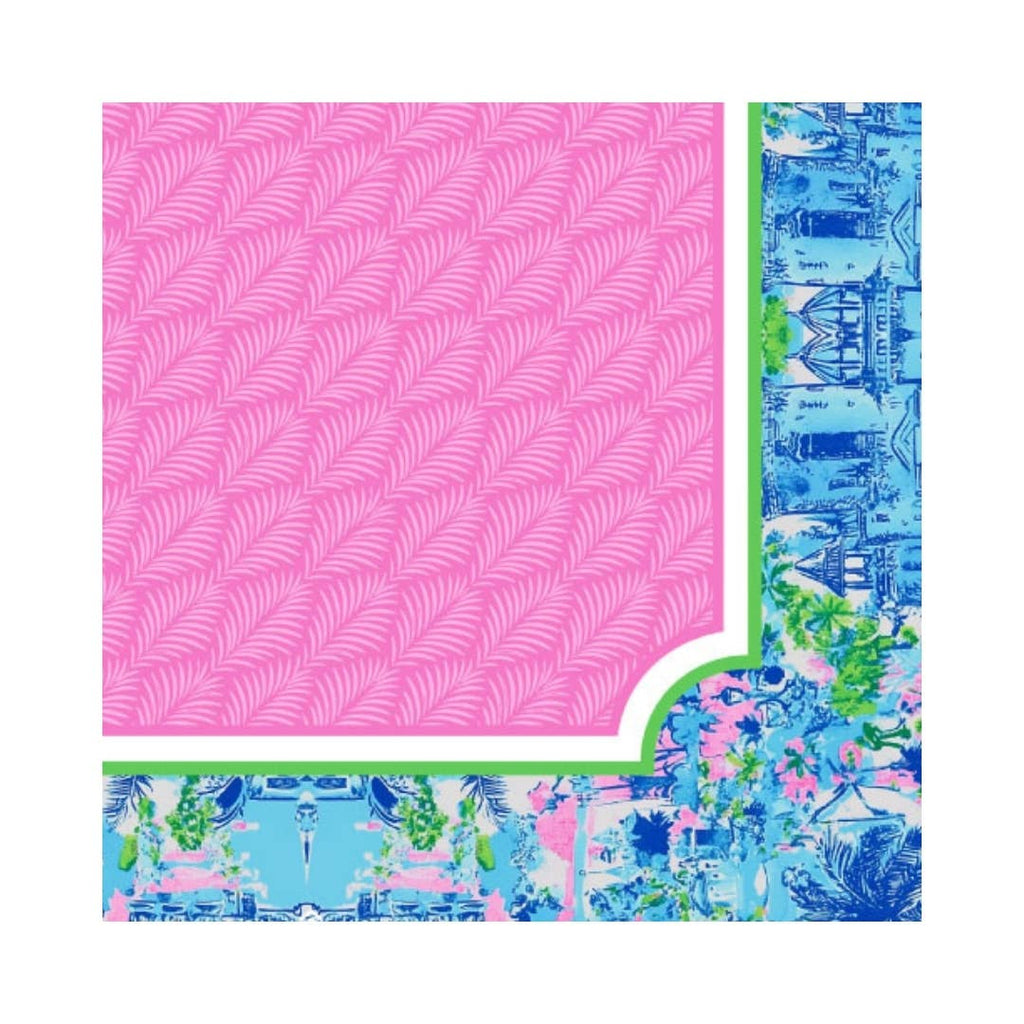 Vibrant Palm Beach Collection Mahjong mat featuring pink, blue, and green coastal designs with a bordered edge.