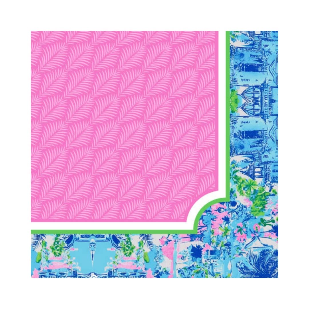 Vibrant Palm Beach Collection Mahjong mat featuring pink, blue, and green coastal designs with a bordered edge.