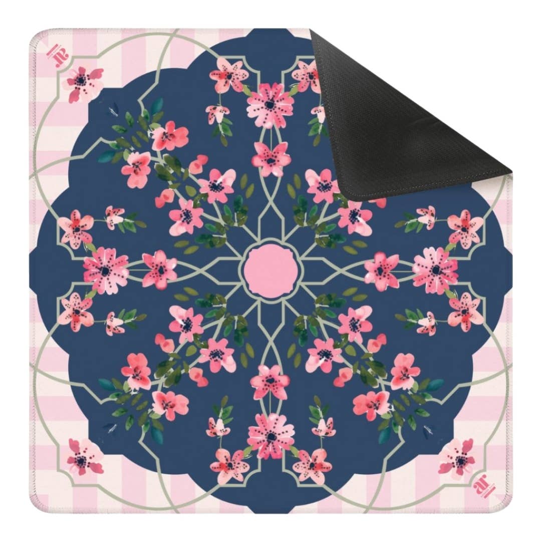 Floral Trellis Mahjong Mat featuring pink flowers on a dark blue background with a light trellis pattern.