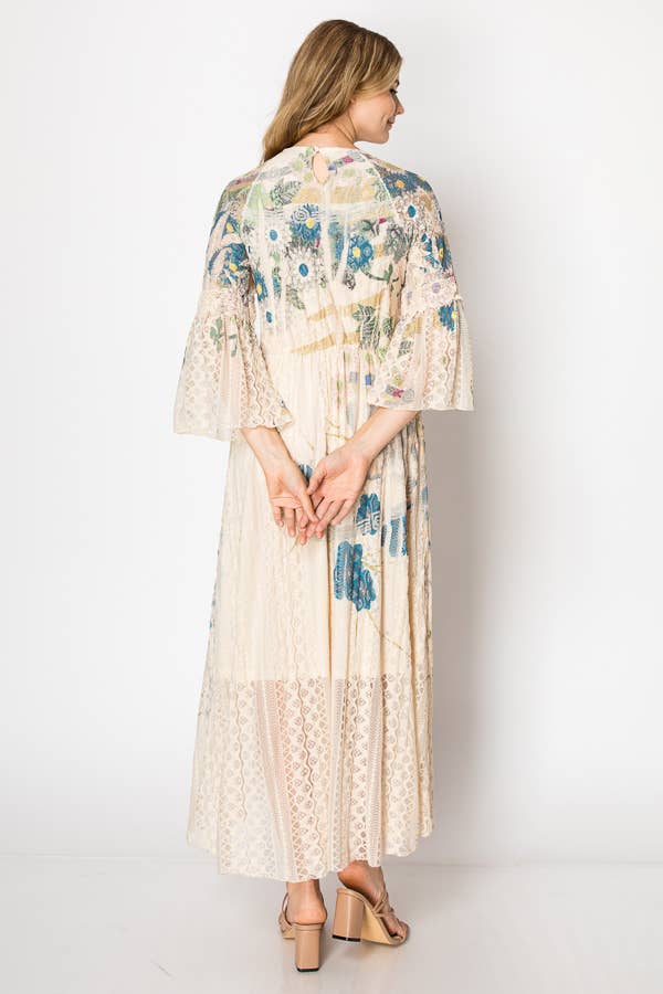 Origami Apparel ~  Lace and Crochet inspired - Romantic Lace Bell-Sleeved A-Line Midi Dress - 4658 BG JADE FL