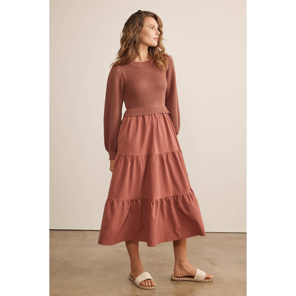 in february - SPECIAL MIXED MEDIA SWEATER MIDI DRESS WITH TIERED RUFFLES