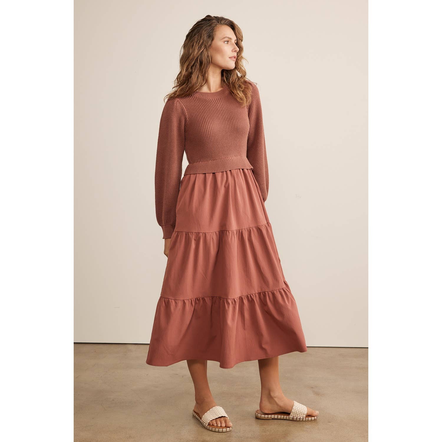 in february - SPECIAL MIXED MEDIA SWEATER MIDI DRESS WITH TIERED RUFFLES