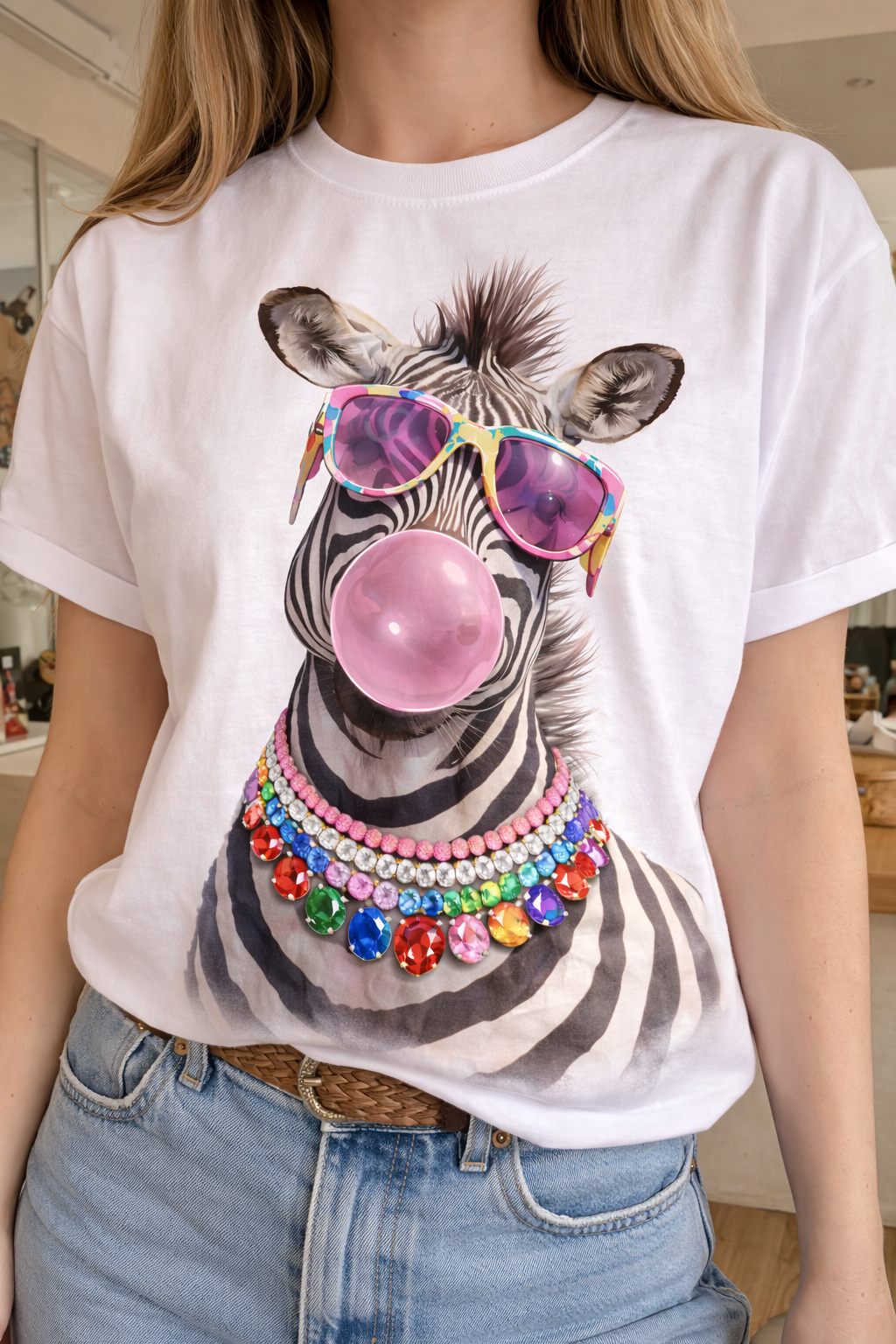 A white crew t-shirt featuring a zebra in sunglasses with a jeweled collar, blowing a bubblegum bubble.