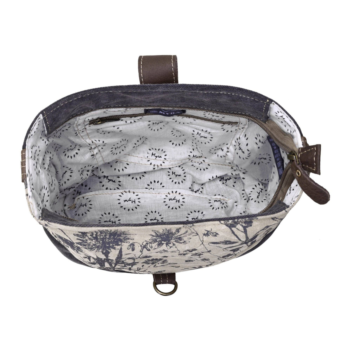 Shoulder bag featuring a patterned lining, zippered closure, and leather strap attachment, showcasing a stylish design.