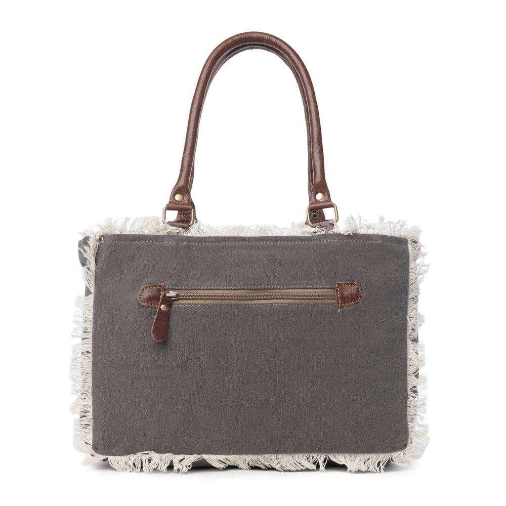 Leaf Print Small Bag featuring gray and brown elements, textured finish, and fringe detailing, perfect for daily use.