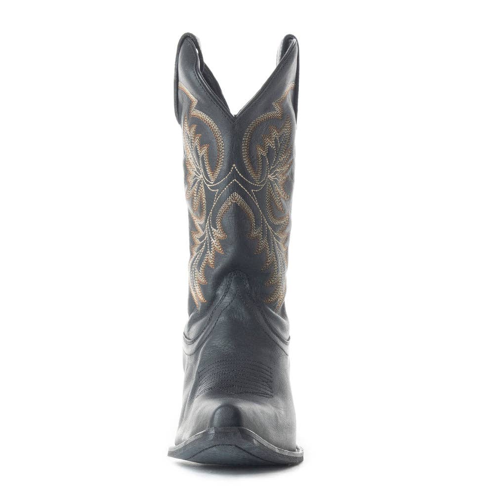 Dark blue leather Fresco boot with engraved designs, featuring a pointed toe and a 12-inch shaft.