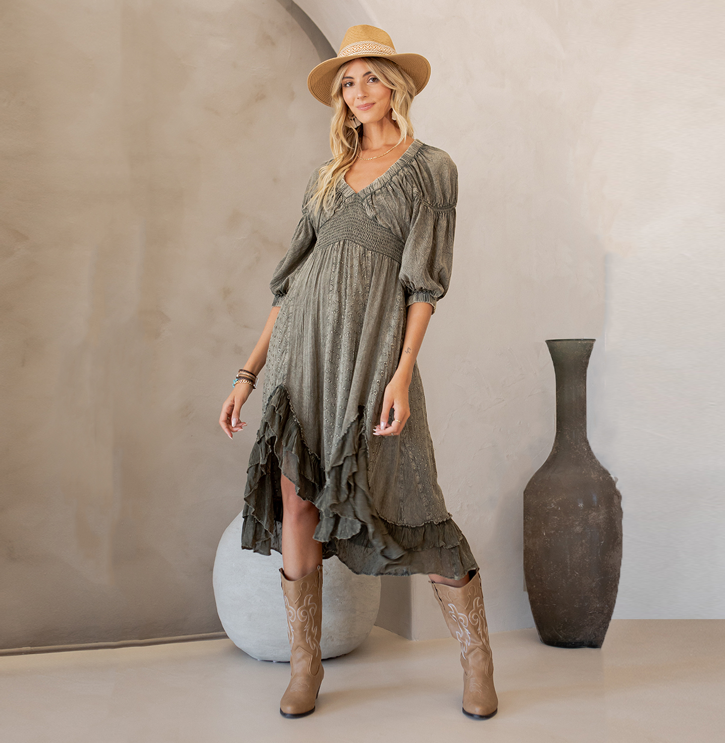 Young Threads - Effortless Elegance: Sheared & Elasticated V-Neck Dress