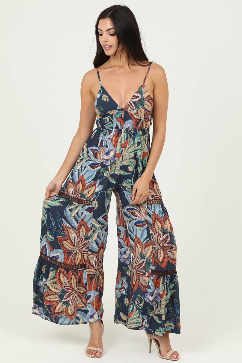 ANGIE - B5A99-FQ60 V NECK OPEN TIE BACK WIDE LEG WITH LACE INSET JUM