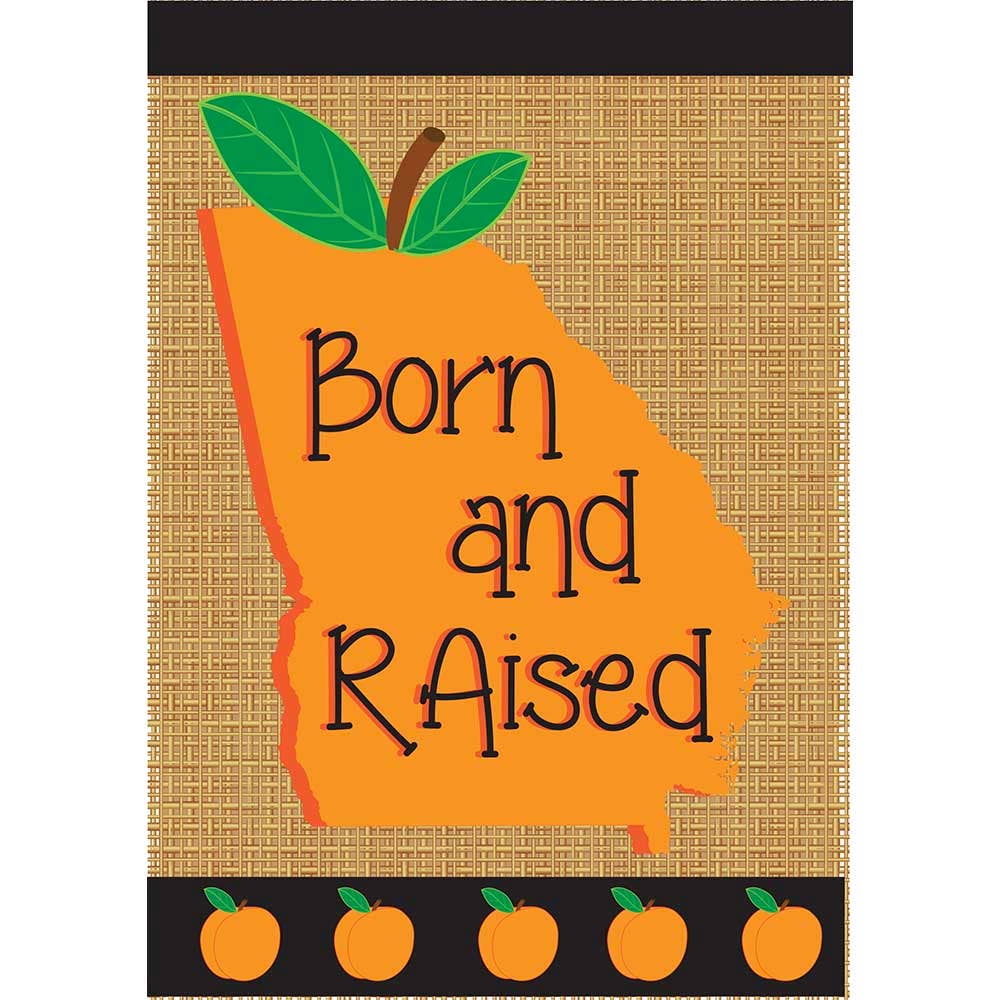 Applique flag featuring the state of Georgia outline with 'Born and Raised' text and decorative green leaves.