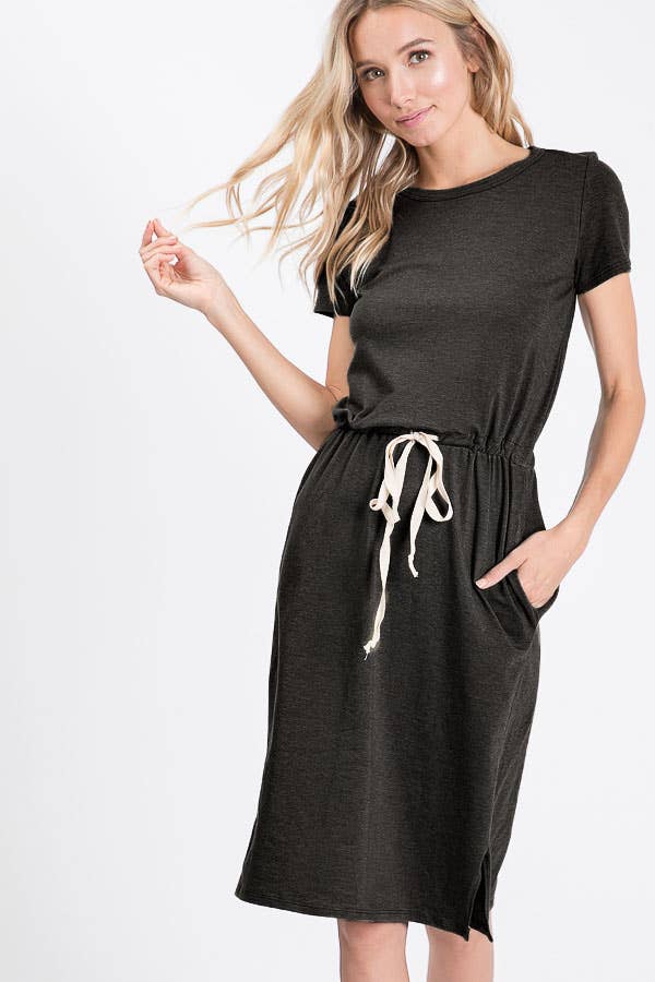 7th Ray - Everyday Drawstring Waist Side Pocket T-Shirt Dress D2465