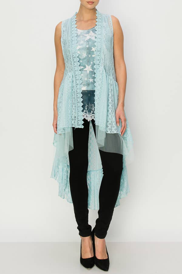 Origami Apparel ~  Lace and Crochet inspired - Flowy High-Low Lace Boho Duster Vest-U013 BLUE