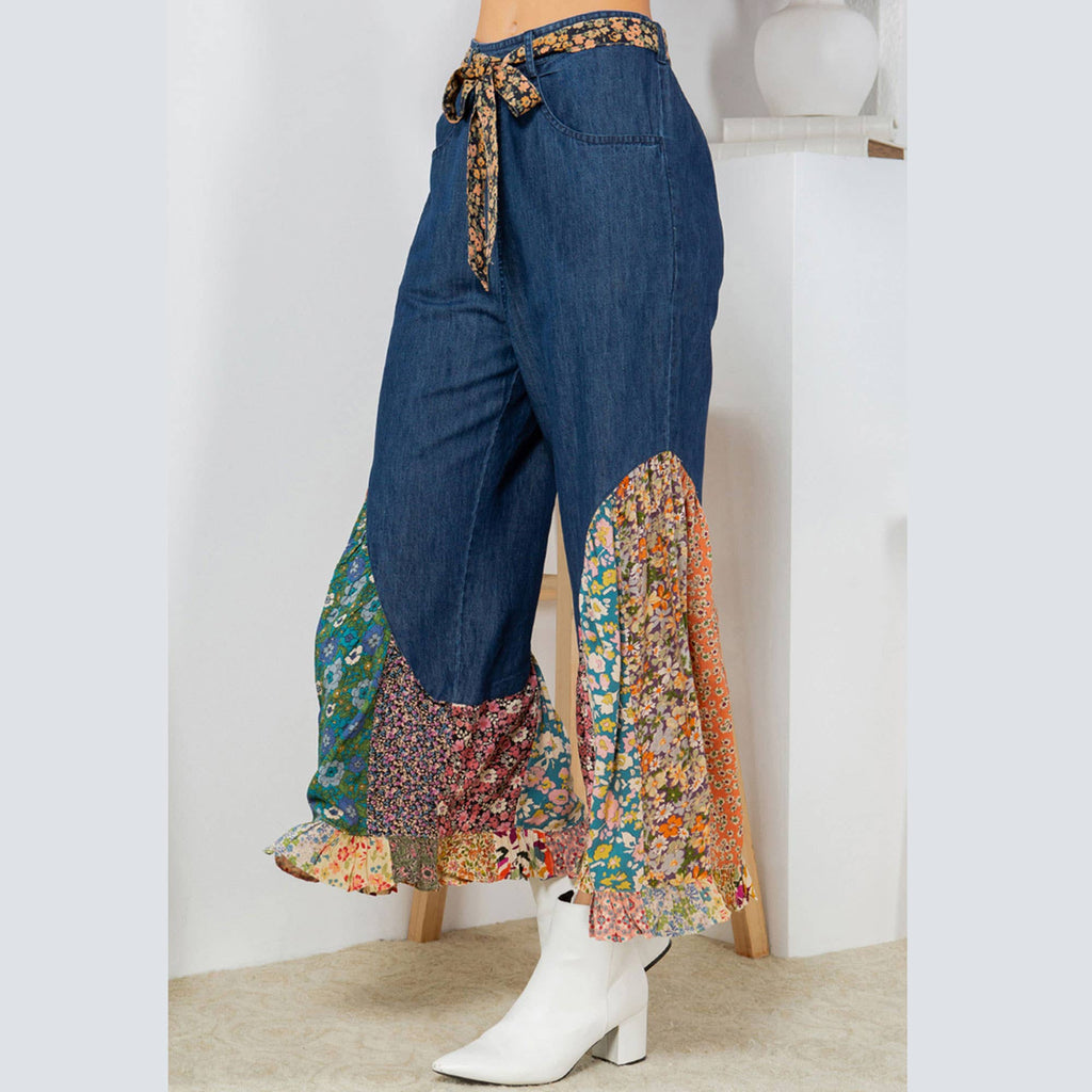 Young Threads - Boho Flare: Overdyed Denim Bellbottom Pants with Printed