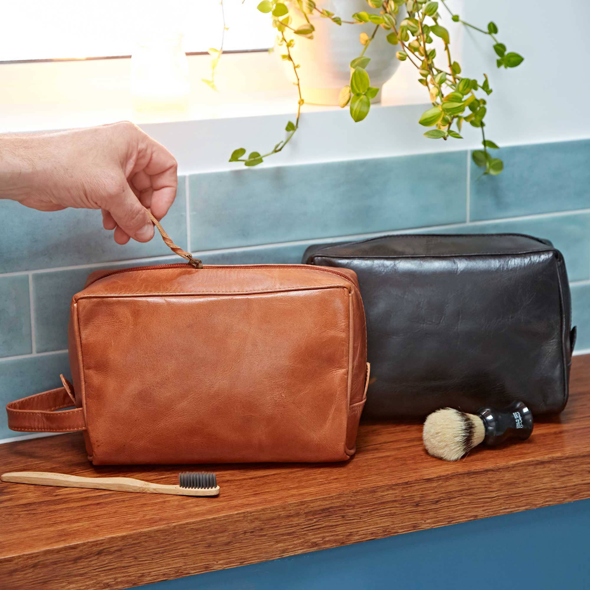 The Paper High Gift Company Limited - Brown And Black Leather Wash Bag - Handmade