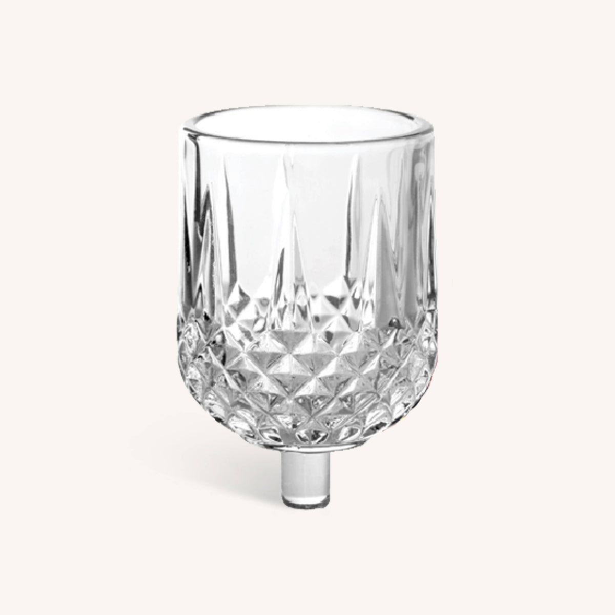 Clear glass cup with a textured base, part of the Ner Mitzvah Crystal Oil Glass Cups 9-pack for Chanukah.