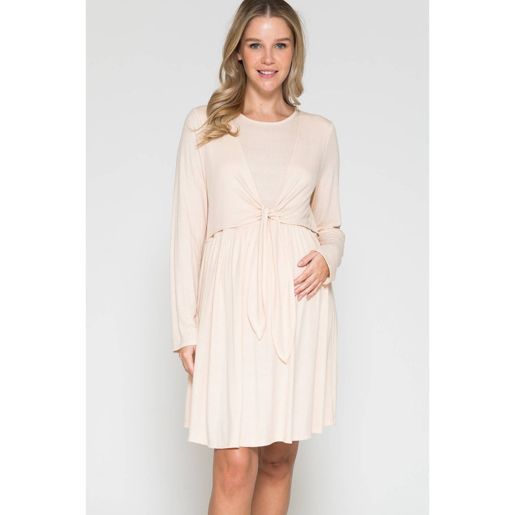 Story Teller - Maternity Wrap Waist Ruched Ruffle Spring Midi Dress
