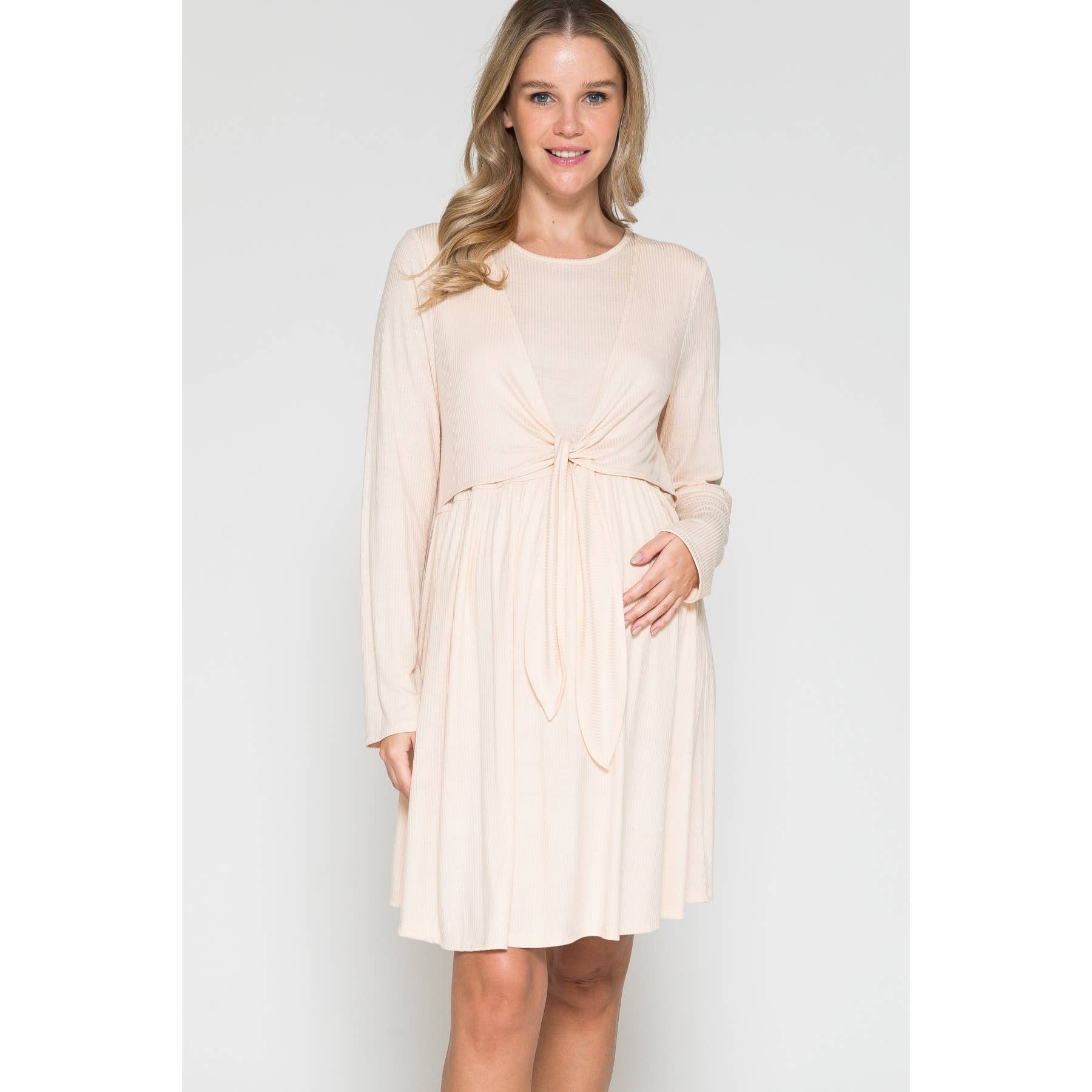 Story Teller - Maternity Wrap Waist Ruched Ruffle Spring Midi Dress
