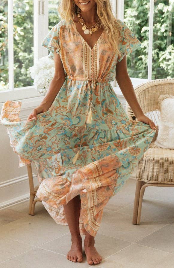 Rosa Clothing - Bohemia Border Print Flutter Sleeve Maxi Dress