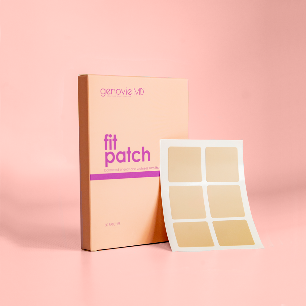 A box of Fit Patches featuring a light pink background and a grid of beige patches, labeled with GenovieMD and 30 patches.