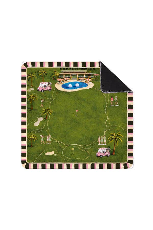 Square mahjong mat featuring a golf course design with golf carts, palm trees, and a striped border in green, pink, and black.