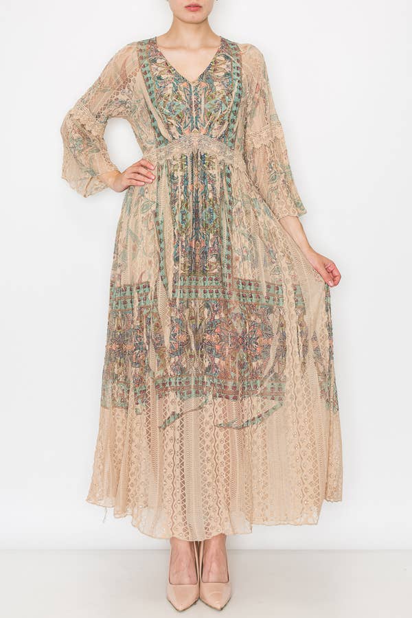 Origami Apparel ~  Lace and Crochet inspired - Romantic Lace Bell-Sleeved A-Line Midi Dress-4658 TP/TURQ