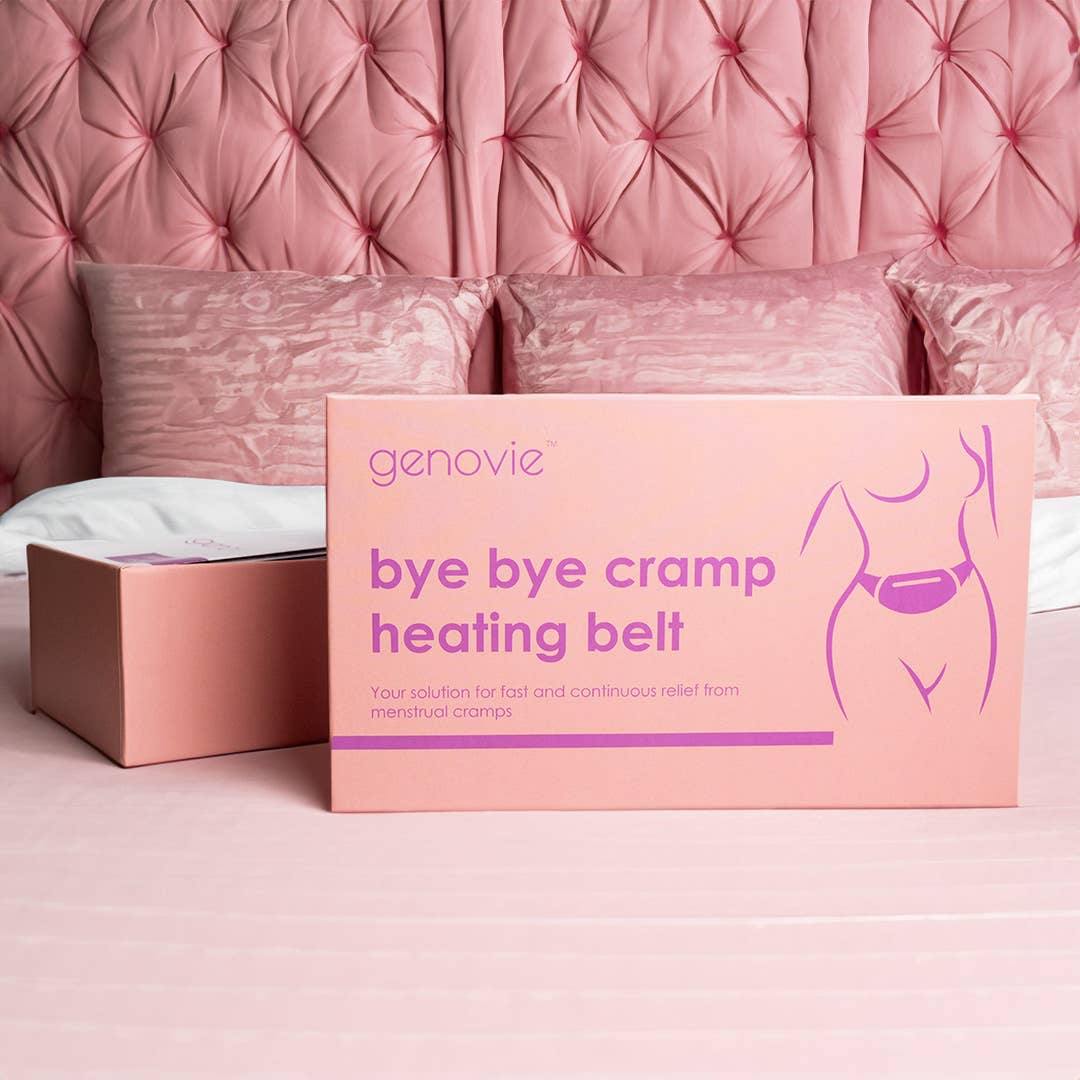 Pink box labeled 'bye bye belt' featuring a graphic of a waist and the Bye-Bye Cramps Heating Belt for drug-free relief.