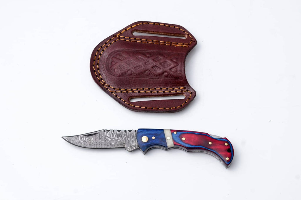 Titan International - Patriot Series Damascus Folding Knife – Red & Blue Handle with Leather Sheath