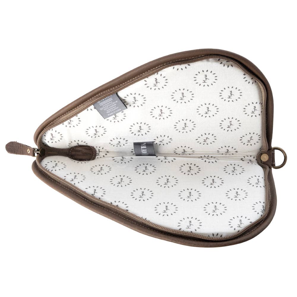 Antique olive cotton leather gun case featuring a structured shape, leather edging, and patterned lining with a zipper closure.