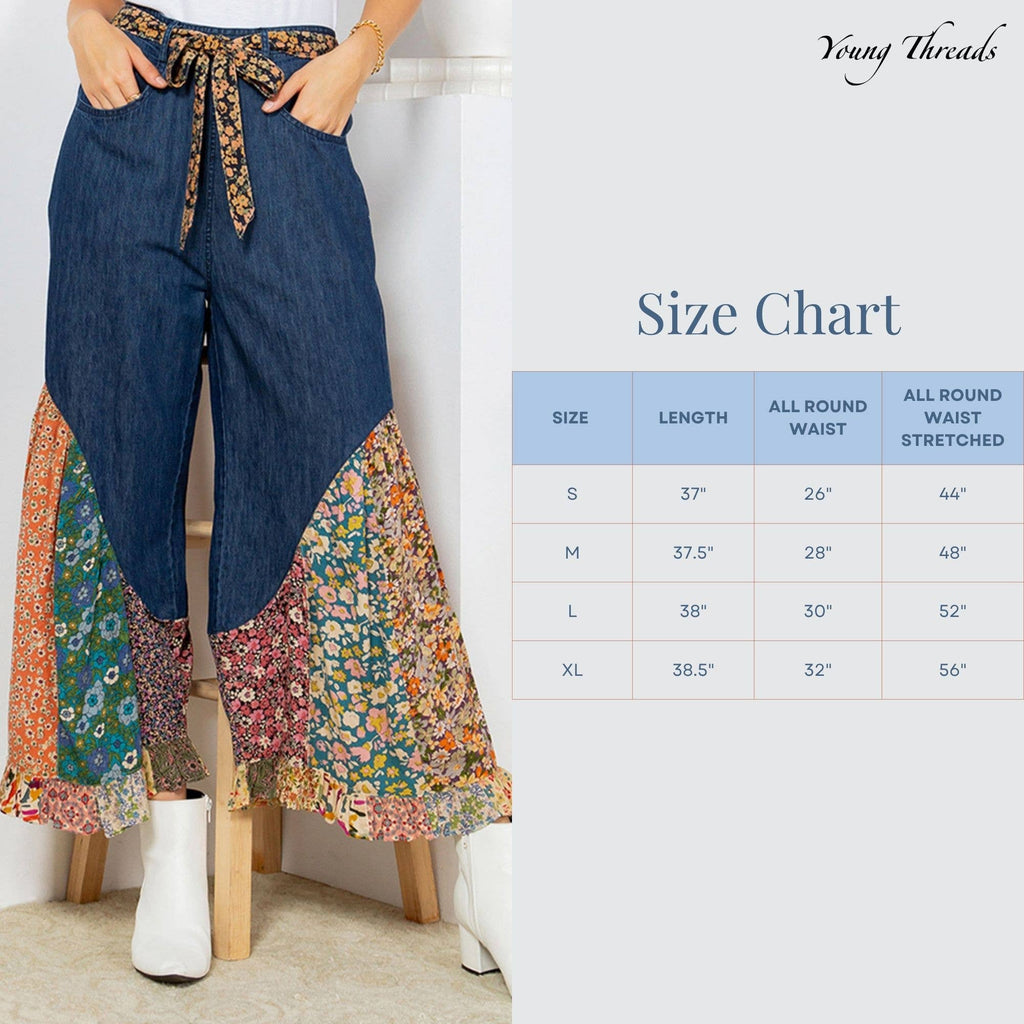 Young Threads - Boho Flare: Overdyed Denim Bellbottom Pants with Printed