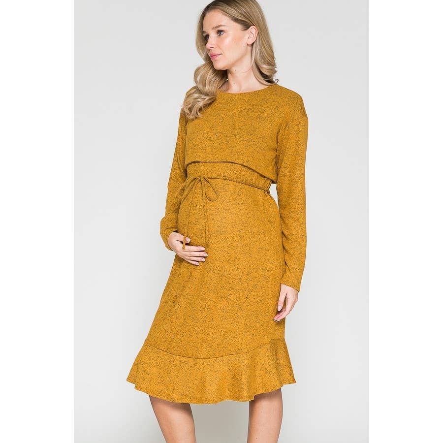 Story Teller - Maternity Waist Tie Wrap Ruffle Hem Knee Length Rib Dress