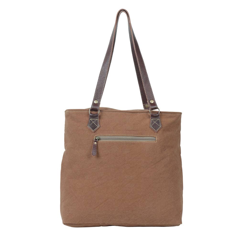 Muted brown pouch featuring a zip closure and handle, made from canvas and leather, perfect for coins and small essentials.