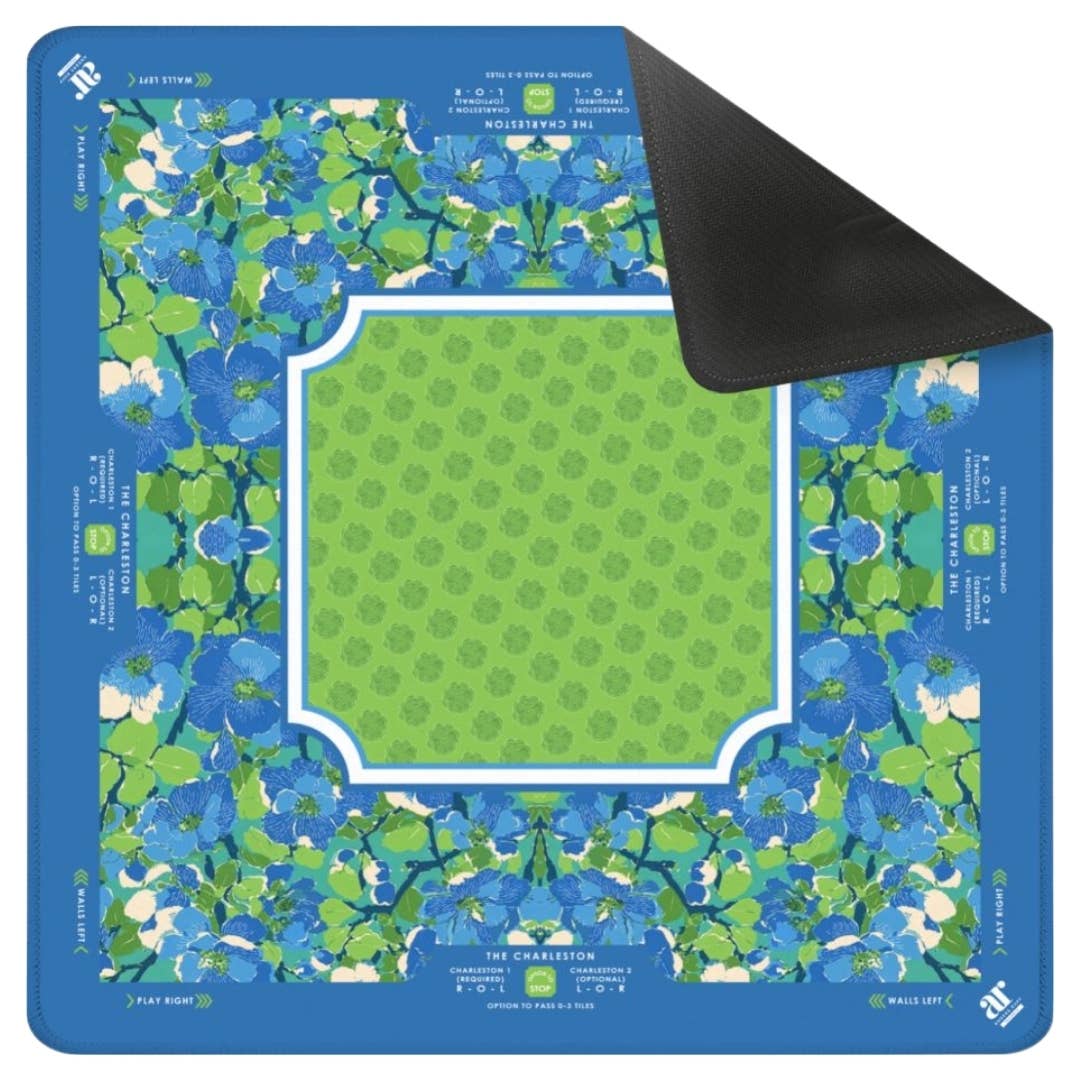 Vibrant floral Mahjong mat featuring blue and green colors with a bordered square design, perfect for stylish game nights.