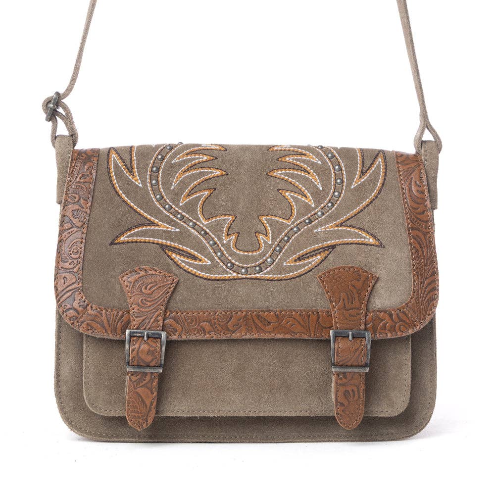Soft suede olive taupe bag featuring western-style embroidery and embossed detailing, perfect for a stylish accessory.