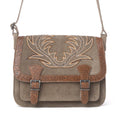 Soft suede olive taupe bag featuring western-style embroidery and embossed detailing, perfect for a stylish accessory.