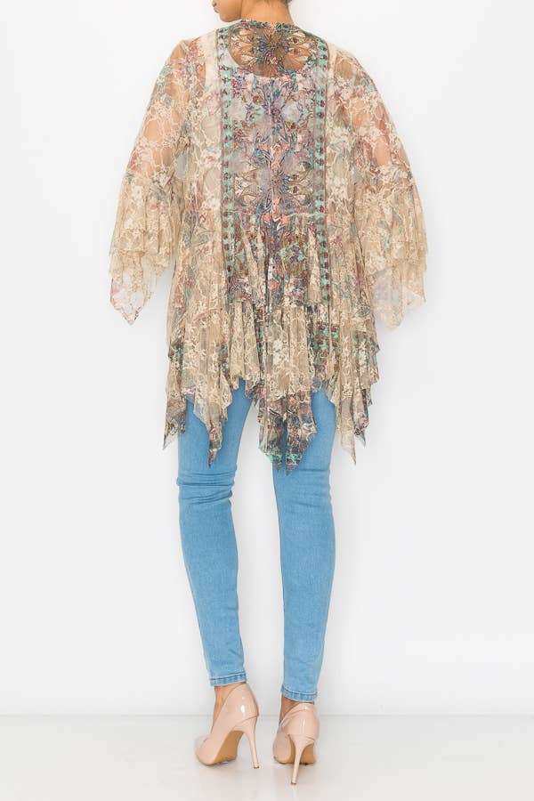 Origami Apparel ~  Lace and Crochet inspired - Classic All Lace Cardigan with Tiered Layers - 4618TP/TURQ