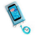 Blue water-resistant phone bag with a clear window and secure locking mechanism for beach and pool protection.