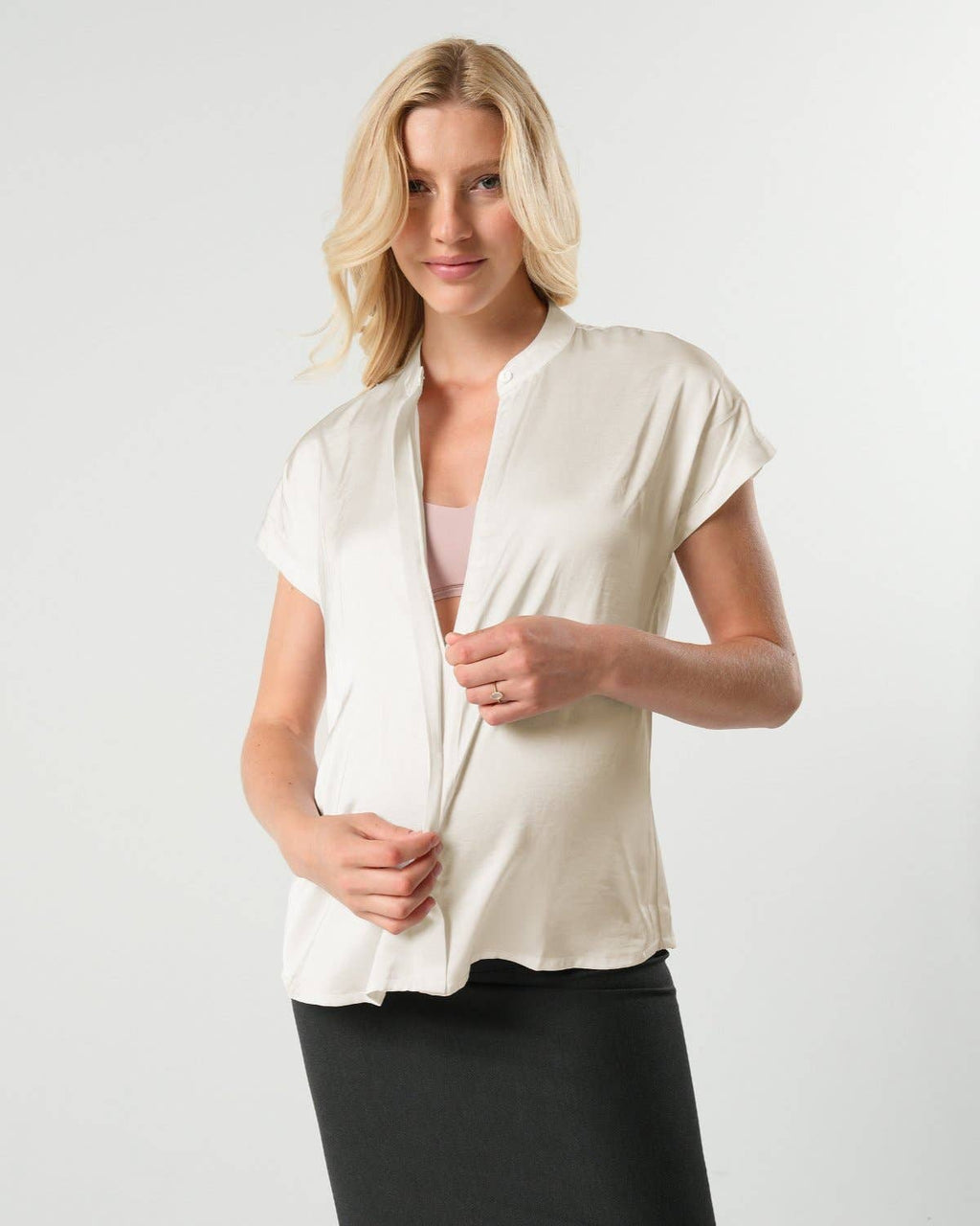 MARION - Short Sleeve Satin Maternity Shell Top with Concealed Nursing Zip