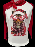 A peppermint leopard wearing a Santa hat and oversized sunglasses on a white and red raglan shirt with a rhinestone brooch.