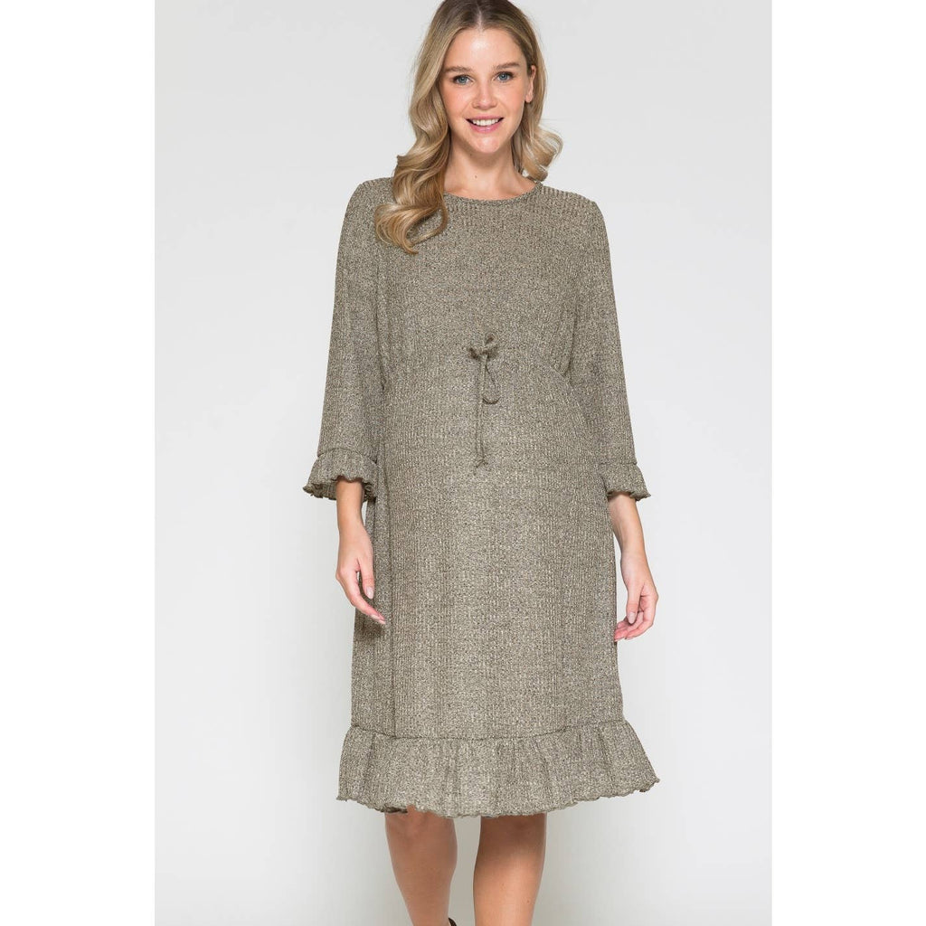 Story Teller - Women's Maternity Waist Tie Ruffle Sleeve Hem Midi Dress